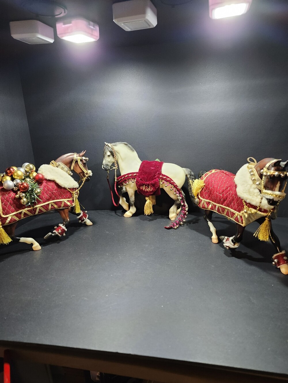 3 Vintage Breyer Decorative Horse Figurines with Red Velvet Saddles - Unbranded